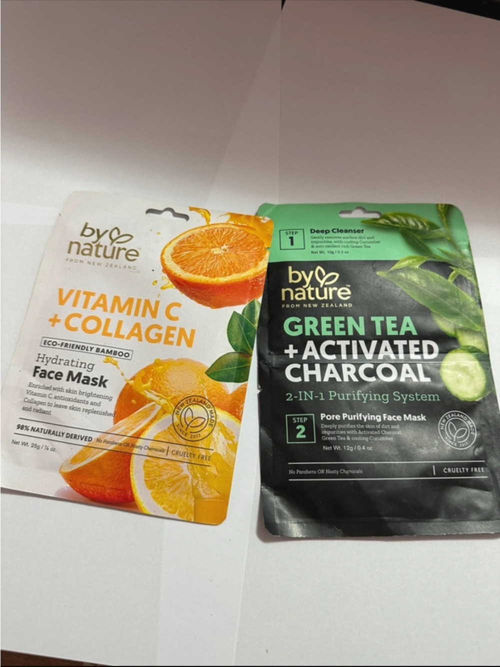 Two Face Masks: Vitamin C + Collagen & Green Tea + Activated Charcoal